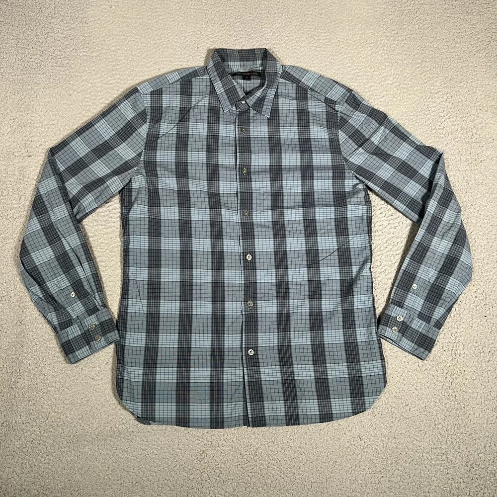 John Varvatos Shirt Mens Medium Plaid Button Up 100% Cotton Casual Preppy‎ Slim